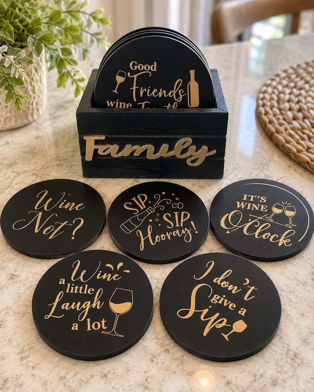 Queekay Wooden Farmhouse Drink Coasters Set of 6 with Holder